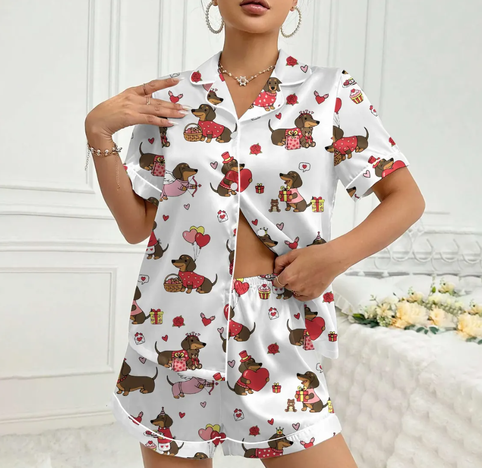 Valentine Dachshund Dog Satin Pajamas, Dachshund Dog PJs For The Family, Cute Animal Pajamas, Couple PJs For Pet Lovers