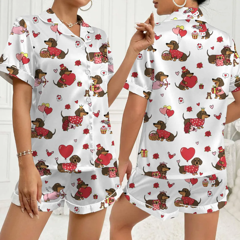 Valentine Dachshund Dog Satin Pajamas, Dachshund Dog PJs For The Family, Cute Animal Pajamas, Couple PJs For Pet Lovers
