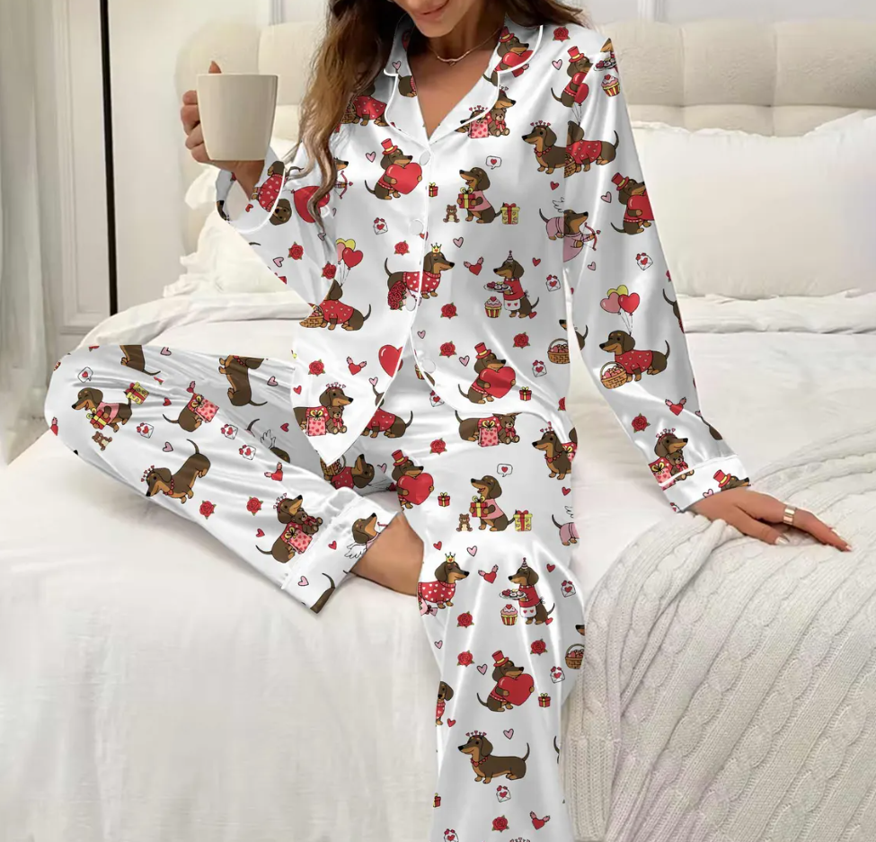 Valentine Dachshund Dog Satin Pajamas, Dachshund Dog PJs For The Family, Cute Animal Pajamas, Couple PJs For Pet Lovers
