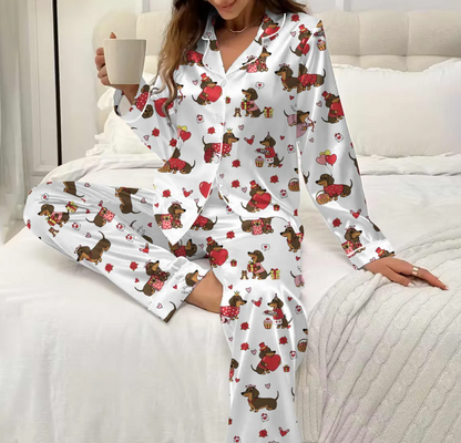 Valentine Dachshund Dog Satin Pajamas, Dachshund Dog PJs For The Family, Cute Animal Pajamas, Couple PJs For Pet Lovers