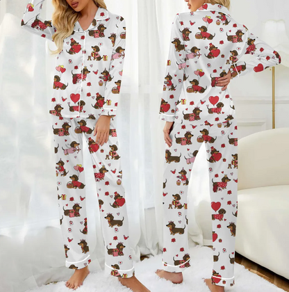 Valentine Dachshund Dog Satin Pajamas, Dachshund Dog PJs For The Family, Cute Animal Pajamas, Couple PJs For Pet Lovers
