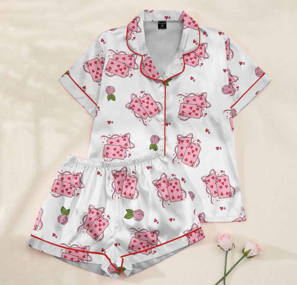 Valentine Playing Card Satin Pajama Set for Women, Heart 6 & 7 Card Print Sleepwear, Silky Short Pajamas, Cute Valentine Gift for Her