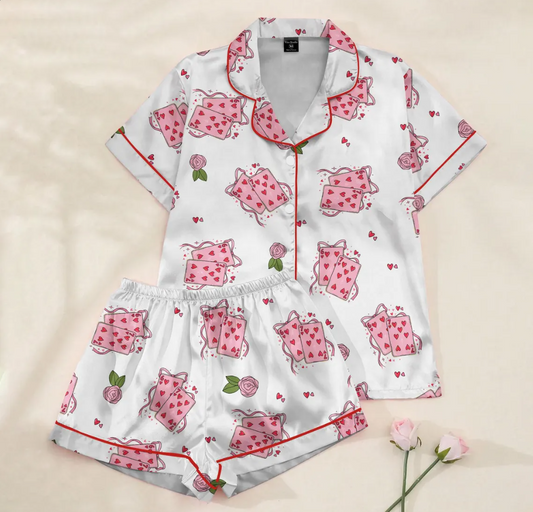 Valentine Playing Card Satin Pajama Set for Women, Heart 6 & 7 Card Print Sleepwear, Silky Short Pajamas, Cute Valentine Gift for Her