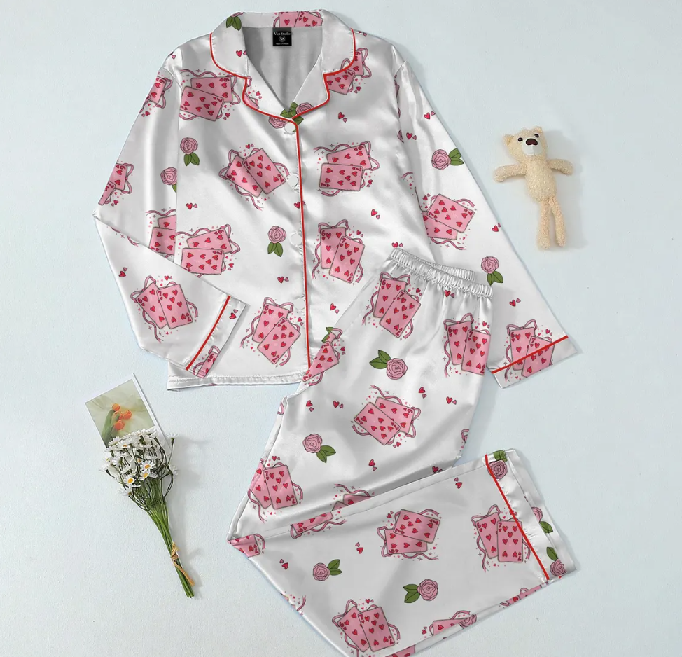 Valentine Playing Card Satin Pajama Set for Women, Heart 6 & 7 Card Print Sleepwear, Silky Short Pajamas, Cute Valentine Gift for Her