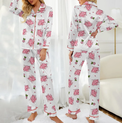 Valentine Playing Card Satin Pajama Set for Women, Heart 6 & 7 Card Print Sleepwear, Silky Short Pajamas, Cute Valentine Gift for Her