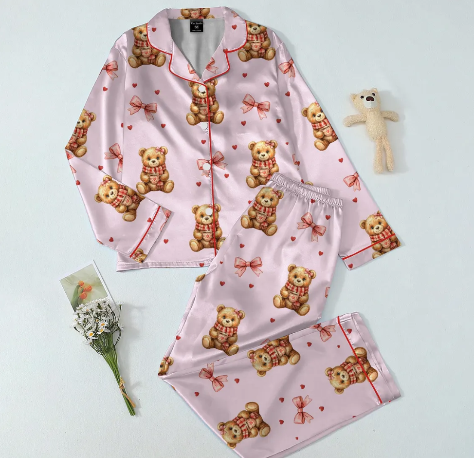 Women’s Valentine Teddy Bear Satin Pajama Set – Preppy Bear Print Sleepwear, Pink Heart PJs, Soft & Cozy Gift for Her