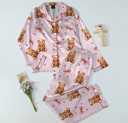 Women’s Valentine Teddy Bear Satin Pajama Set – Preppy Bear Print Sleepwear, Pink Heart PJs, Soft & Cozy Gift for Her