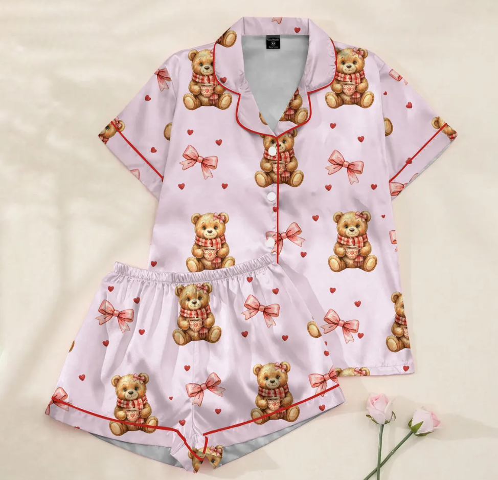Women’s Valentine Teddy Bear Satin Pajama Set – Preppy Bear Print Sleepwear, Pink Heart PJs, Soft & Cozy Gift for Her