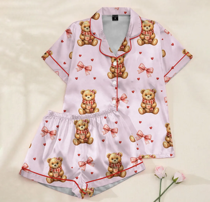 Women’s Valentine Teddy Bear Satin Pajama Set – Preppy Bear Print Sleepwear, Pink Heart PJs, Soft & Cozy Gift for Her