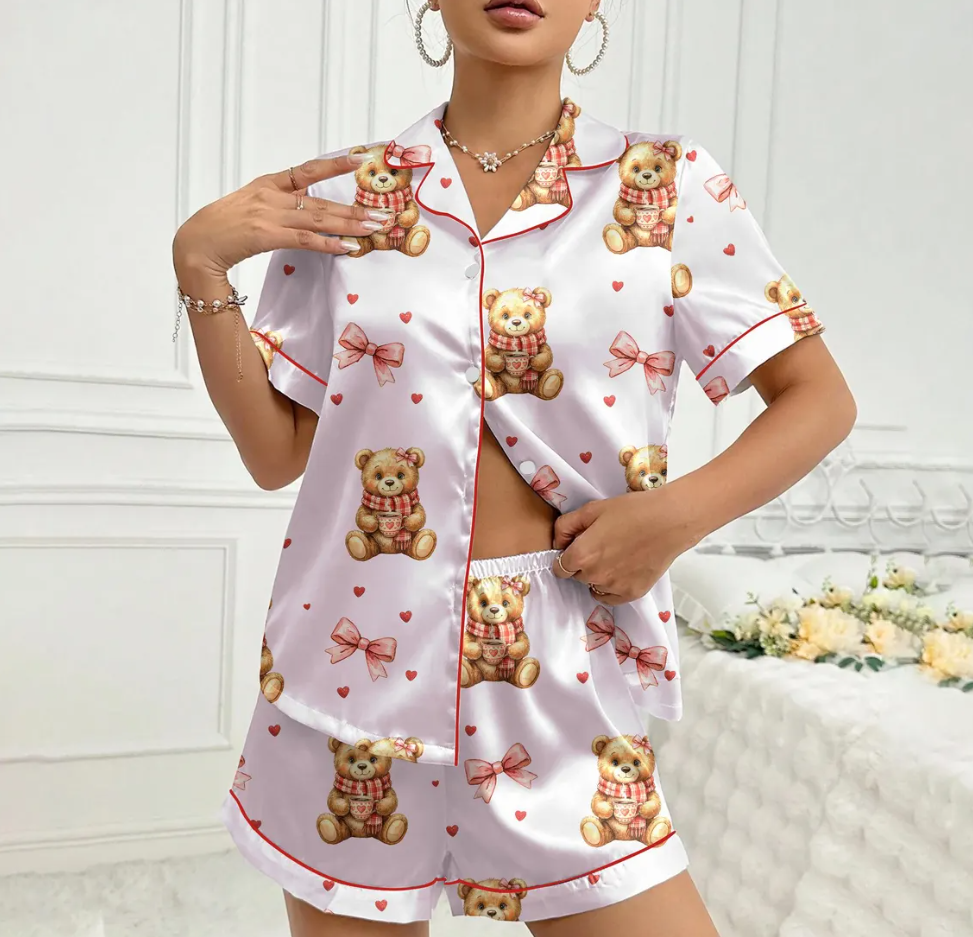 Women’s Valentine Teddy Bear Satin Pajama Set – Preppy Bear Print Sleepwear, Pink Heart PJs, Soft & Cozy Gift for Her