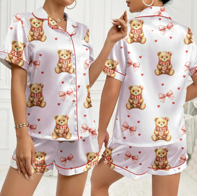 Women’s Valentine Teddy Bear Satin Pajama Set – Preppy Bear Print Sleepwear, Pink Heart PJs, Soft & Cozy Gift for Her