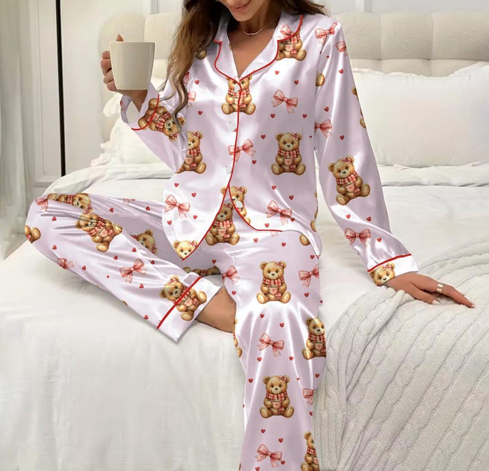 Women’s Valentine Teddy Bear Satin Pajama Set – Preppy Bear Print Sleepwear, Pink Heart PJs, Soft & Cozy Gift for Her