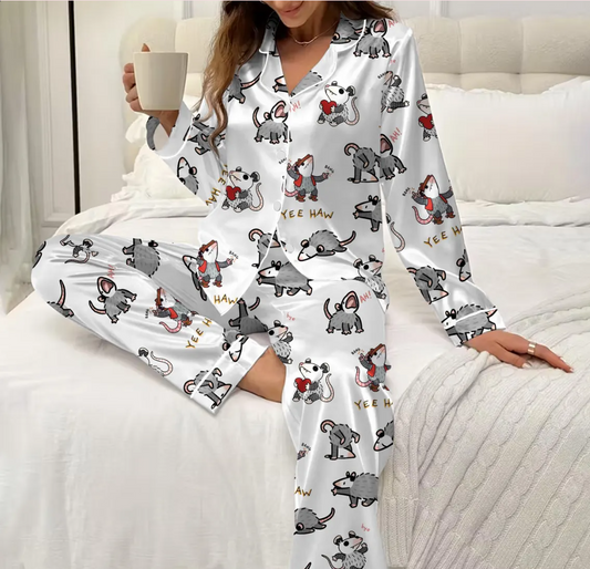 Funny Possum Pajama Set for Women – Cute Animal Print Satin Pajamas, Short Sleeve Button-Up Sleepwear, Cozy Loungewear Gift