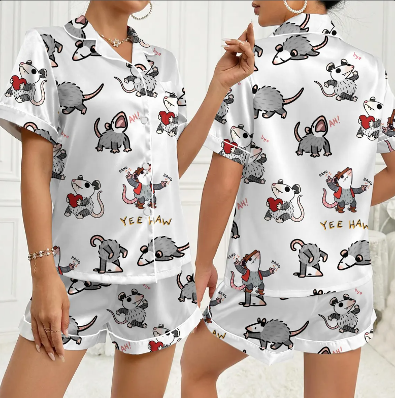 Funny Possum Pajama Set for Women – Cute Animal Print Satin Pajamas, Short Sleeve Button-Up Sleepwear, Cozy Loungewear Gift