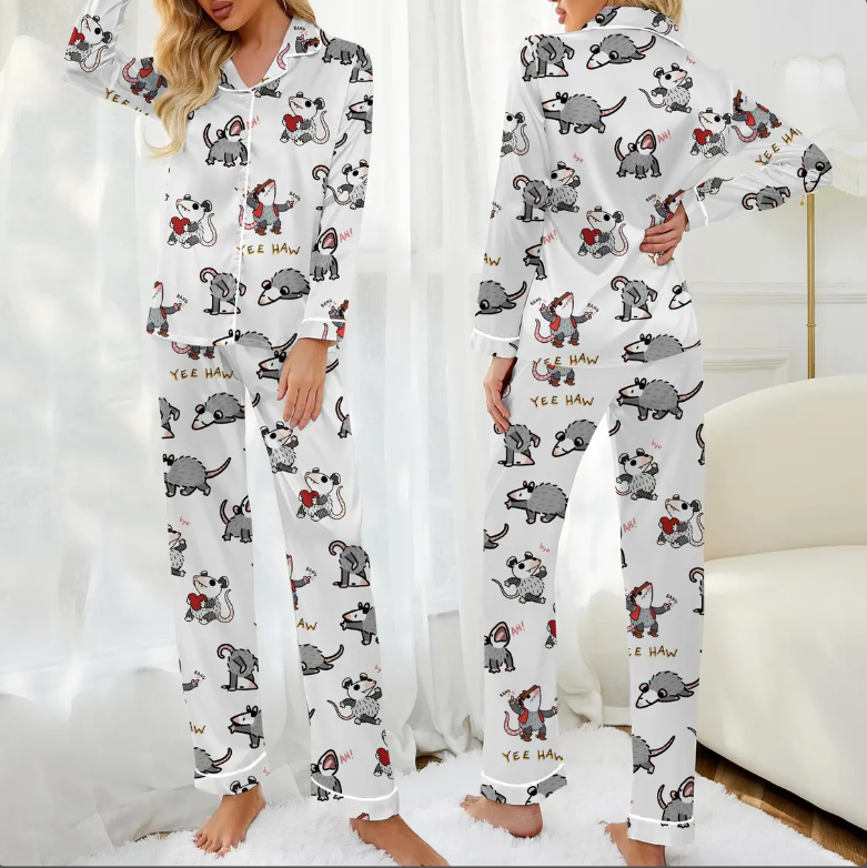 Funny Possum Pajama Set for Women – Cute Animal Print Satin Pajamas, Short Sleeve Button-Up Sleepwear, Cozy Loungewear Gift