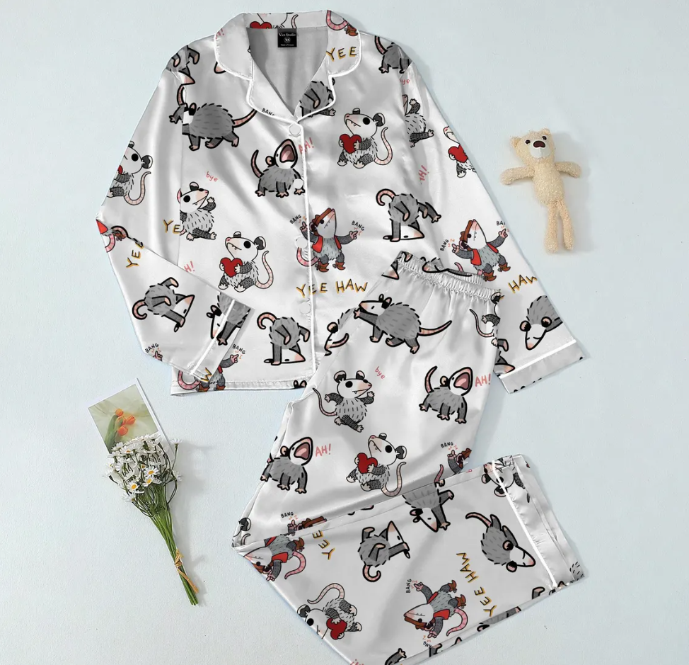 Funny Possum Pajama Set for Women – Cute Animal Print Satin Pajamas, Short Sleeve Button-Up Sleepwear, Cozy Loungewear Gift
