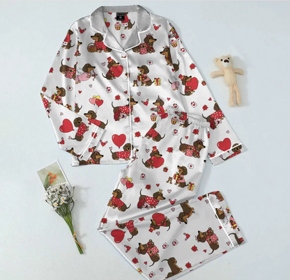 Valentine Dachshund Dog Satin Pajamas, Dachshund Dog PJs For The Family, Cute Animal Pajamas, Couple PJs For Pet Lovers