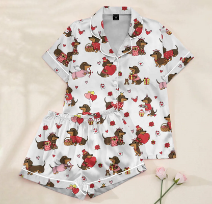 Valentine Dachshund Dog Satin Pajamas, Dachshund Dog PJs For The Family, Cute Animal Pajamas, Couple PJs For Pet Lovers