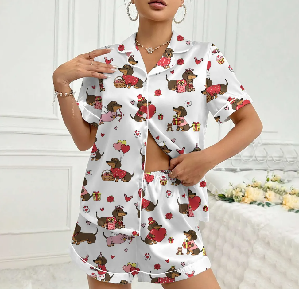 Valentine Dachshund Dog Satin Pajamas, Dachshund Dog PJs For The Family, Cute Animal Pajamas, Couple PJs For Pet Lovers