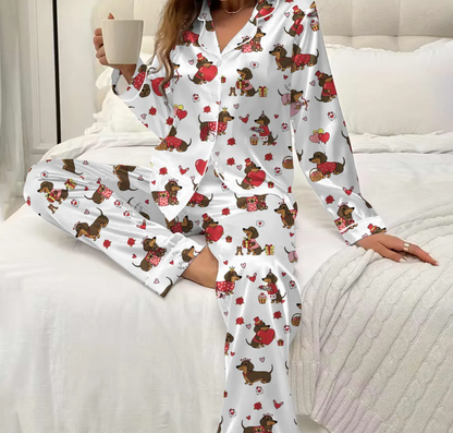 Valentine Dachshund Dog Satin Pajamas, Dachshund Dog PJs For The Family, Cute Animal Pajamas, Couple PJs For Pet Lovers