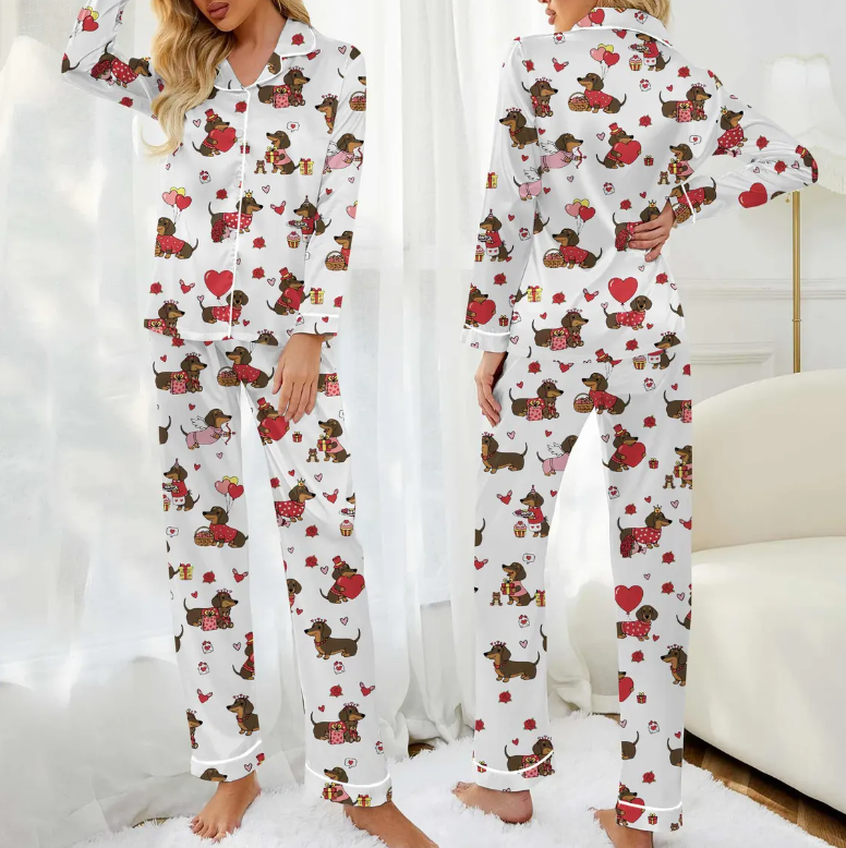 Valentine Dachshund Dog Satin Pajamas, Dachshund Dog PJs For The Family, Cute Animal Pajamas, Couple PJs For Pet Lovers