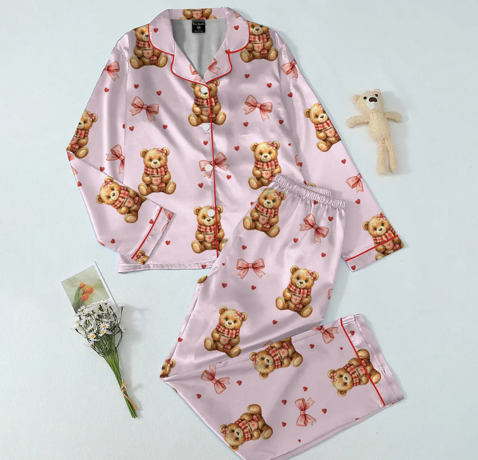 Women’s Valentine Teddy Bear Satin Pajama Set – Preppy Bear Print Sleepwear, Pink Heart PJs, Soft & Cozy Gift for Her