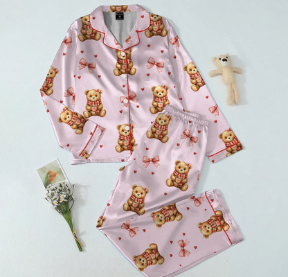 Women’s Valentine Teddy Bear Satin Pajama Set – Preppy Bear Print Sleepwear, Pink Heart PJs, Soft & Cozy Gift for Her