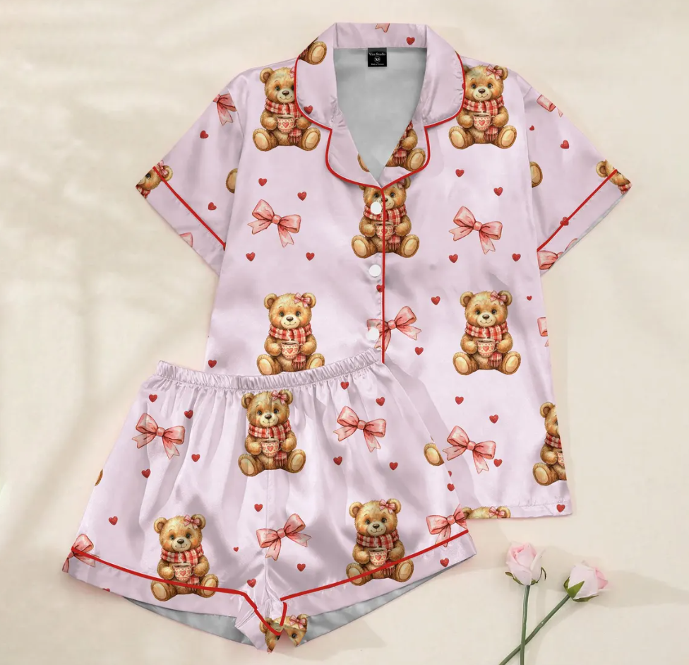 Women’s Valentine Teddy Bear Satin Pajama Set – Preppy Bear Print Sleepwear, Pink Heart PJs, Soft & Cozy Gift for Her