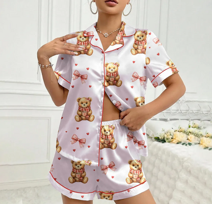 Women’s Valentine Teddy Bear Satin Pajama Set – Preppy Bear Print Sleepwear, Pink Heart PJs, Soft & Cozy Gift for Her