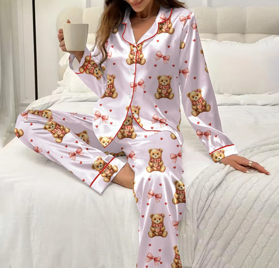 Women’s Valentine Teddy Bear Satin Pajama Set – Preppy Bear Print Sleepwear, Pink Heart PJs, Soft & Cozy Gift for Her
