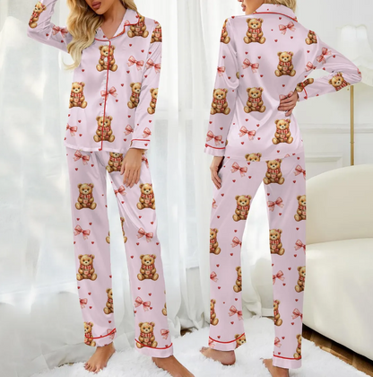 Women’s Valentine Teddy Bear Satin Pajama Set – Preppy Bear Print Sleepwear, Pink Heart PJs, Soft & Cozy Gift for Her