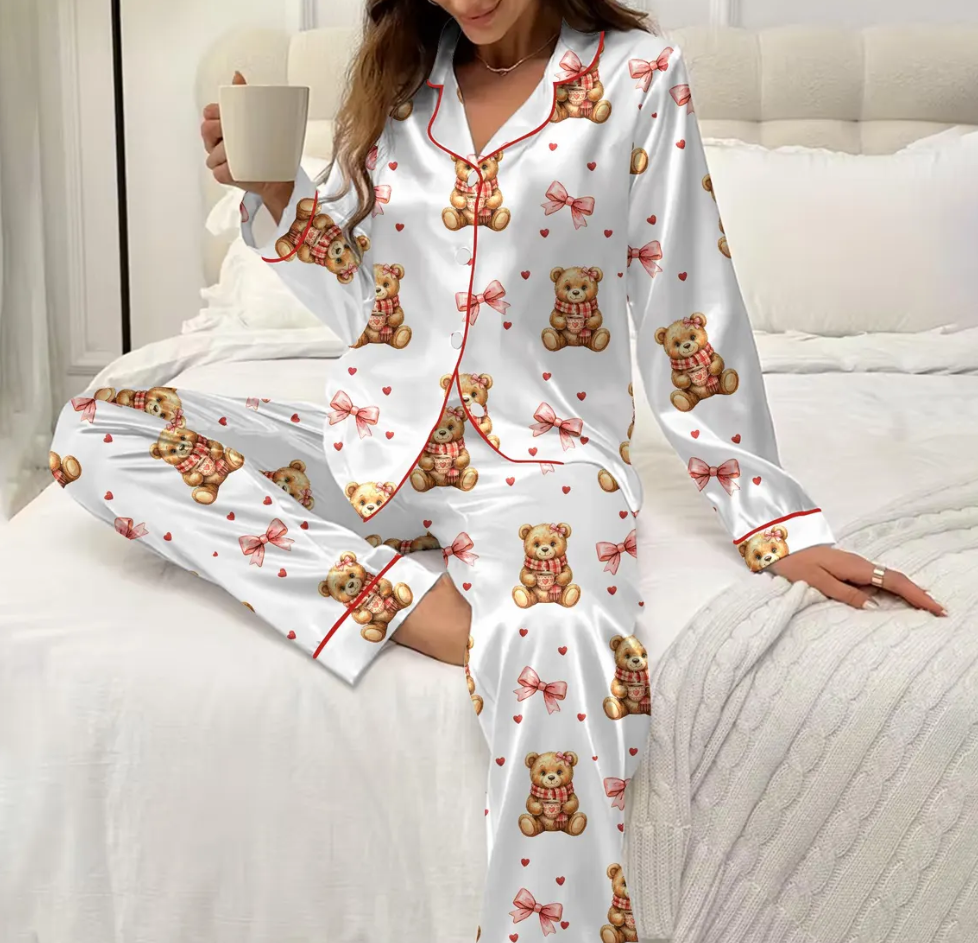 Valentine Teddy Bear Pajama Set for Women – Cute Preppy Bear Satin PJs, Heart Print Sleepwear, Cozy Gift for Her