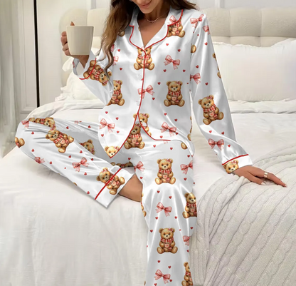 Valentine Teddy Bear Pajama Set for Women – Cute Preppy Bear Satin PJs, Heart Print Sleepwear, Cozy Gift for Her