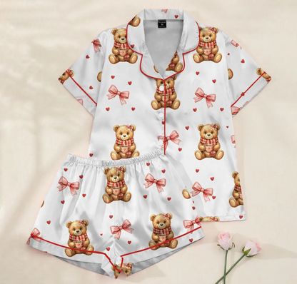 Valentine Teddy Bear Pajama Set for Women – Cute Preppy Bear Satin PJs, Heart Print Sleepwear, Cozy Gift for Her