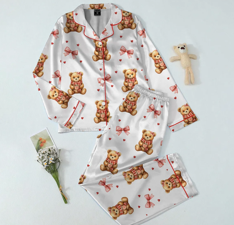 Valentine Teddy Bear Pajama Set for Women – Cute Preppy Bear Satin PJs, Heart Print Sleepwear, Cozy Gift for Her