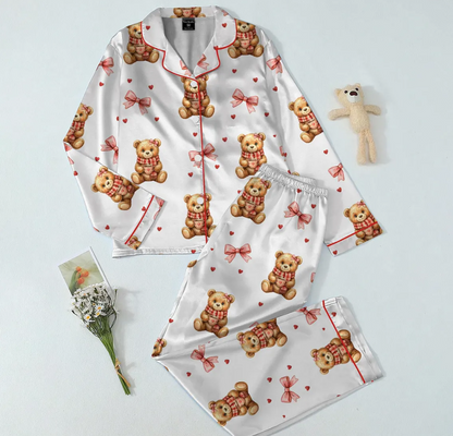 Valentine Teddy Bear Pajama Set for Women – Cute Preppy Bear Satin PJs, Heart Print Sleepwear, Cozy Gift for Her
