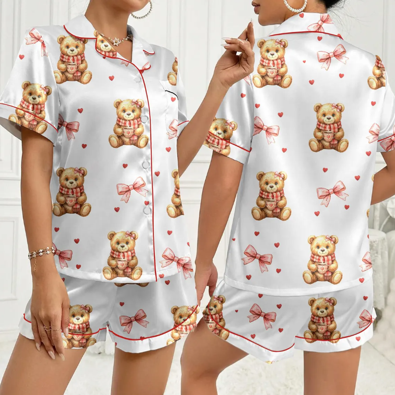 Valentine Teddy Bear Pajama Set for Women – Cute Preppy Bear Satin PJs, Heart Print Sleepwear, Cozy Gift for Her