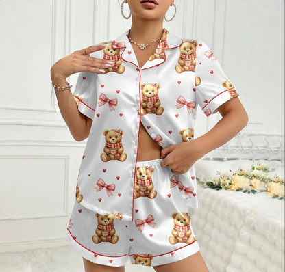 Valentine Teddy Bear Pajama Set for Women – Cute Preppy Bear Satin PJs, Heart Print Sleepwear, Cozy Gift for Her