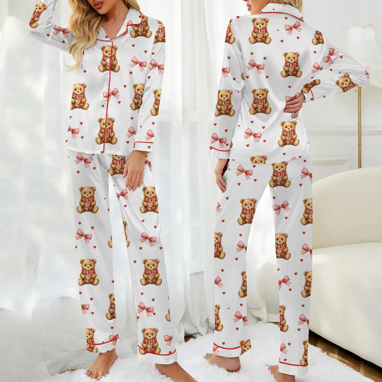 Valentine Teddy Bear Pajama Set for Women – Cute Preppy Bear Satin PJs, Heart Print Sleepwear, Cozy Gift for Her