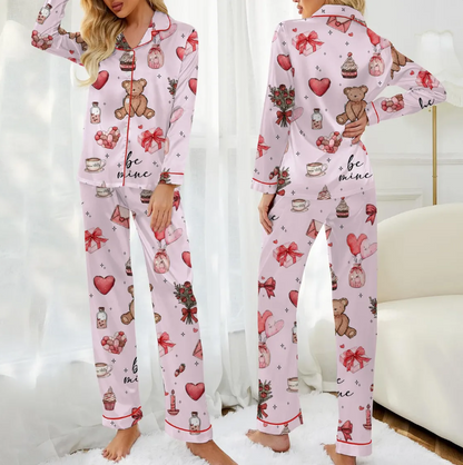 Women’s Valentine Satin Pajamas – Cute Heart & Gift Print Silky Button-Up Sleepwear, Cozy Long Sleeve Loungewear Gift for Her