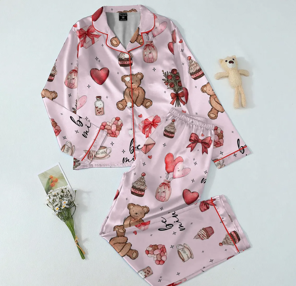 Women’s Valentine Satin Pajamas – Cute Heart & Gift Print Silky Button-Up Sleepwear, Cozy Long Sleeve Loungewear Gift for Her