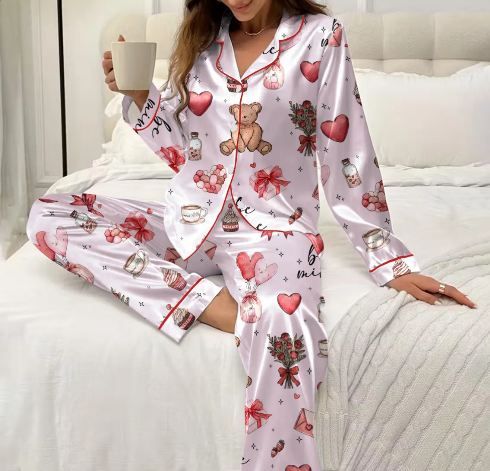 Women’s Valentine Satin Pajamas – Cute Heart & Gift Print Silky Button-Up Sleepwear, Cozy Long Sleeve Loungewear Gift for Her
