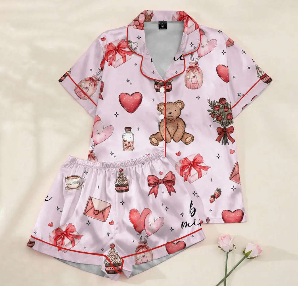 Women’s Valentine Satin Pajamas – Cute Heart & Gift Print Silky Button-Up Sleepwear, Cozy Long Sleeve Loungewear Gift for Her