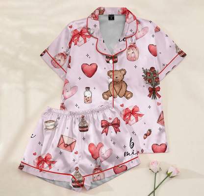 Women’s Valentine Satin Pajamas – Cute Heart & Gift Print Silky Button-Up Sleepwear, Cozy Long Sleeve Loungewear Gift for Her