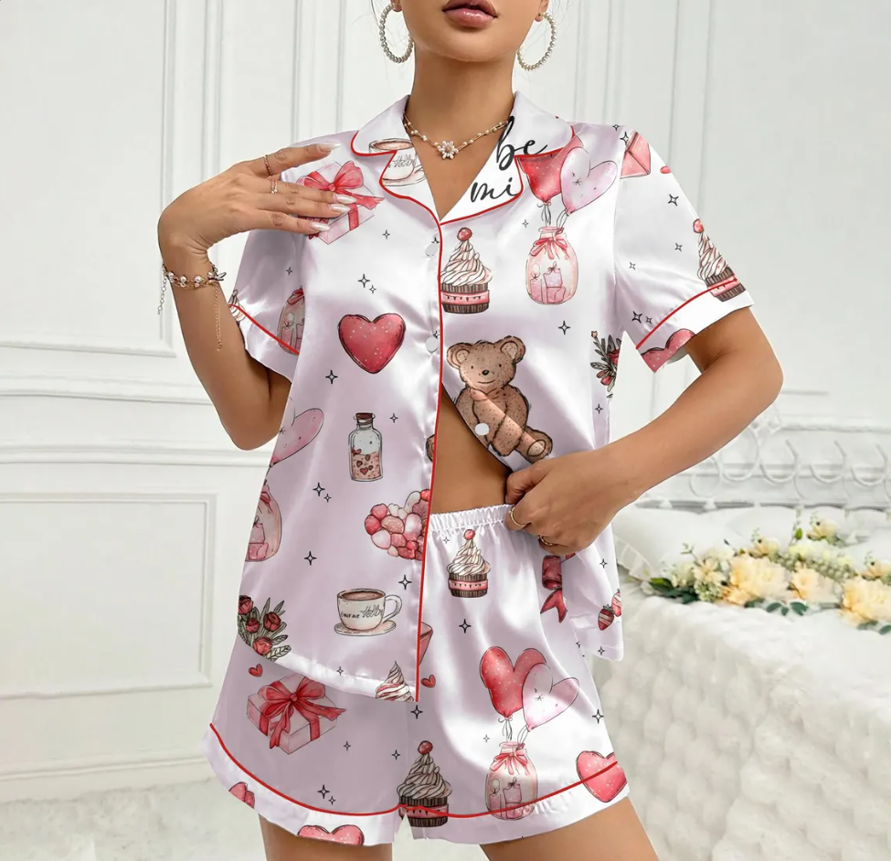 Women’s Valentine Satin Pajamas – Cute Heart & Gift Print Silky Button-Up Sleepwear, Cozy Long Sleeve Loungewear Gift for Her