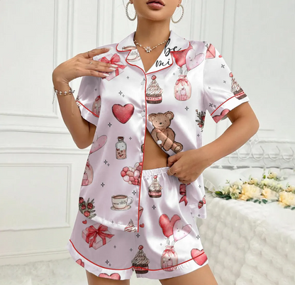 Women’s Valentine Satin Pajamas – Cute Heart & Gift Print Silky Button-Up Sleepwear, Cozy Long Sleeve Loungewear Gift for Her