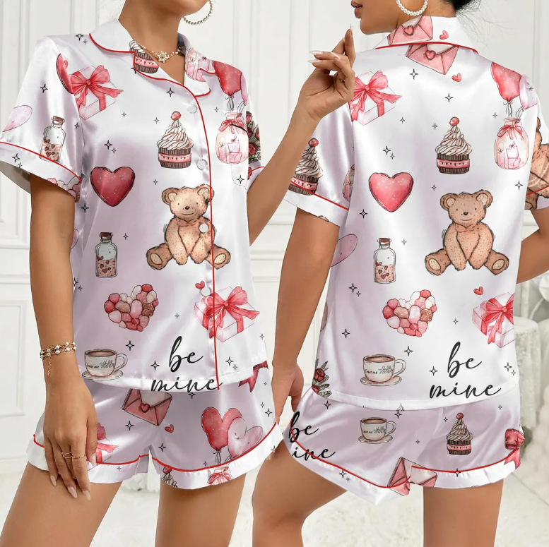 Women’s Valentine Satin Pajamas – Cute Heart & Gift Print Silky Button-Up Sleepwear, Cozy Long Sleeve Loungewear Gift for Her