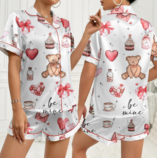 Valentine’s Day Pajama Set for Women – Silky Satin Heart & Gift Print PJs, Soft Long Sleeve Button-Up Sleepwear, Cute Valentine Gift for Her