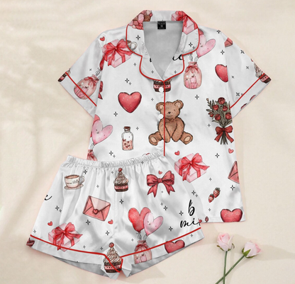 Valentine’s Day Pajama Set for Women – Silky Satin Heart & Gift Print PJs, Soft Long Sleeve Button-Up Sleepwear, Cute Valentine Gift for Her
