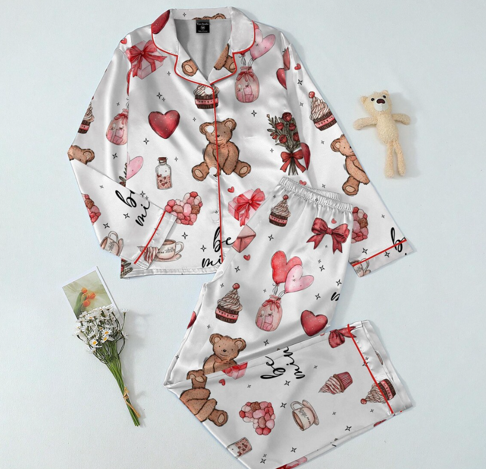 Valentine’s Day Pajama Set for Women – Silky Satin Heart & Gift Print PJs, Soft Long Sleeve Button-Up Sleepwear, Cute Valentine Gift for Her